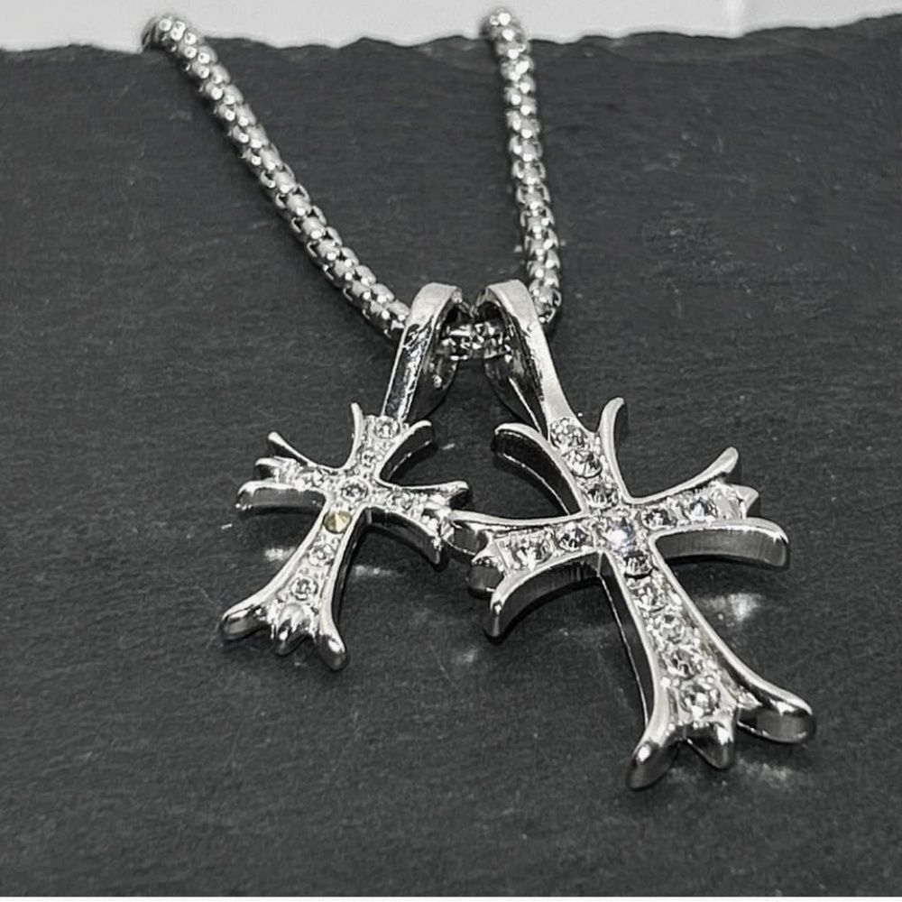 Gothic Double Cross Necklace Silver Chrome Hearts Style Chain + Pendant Unisex